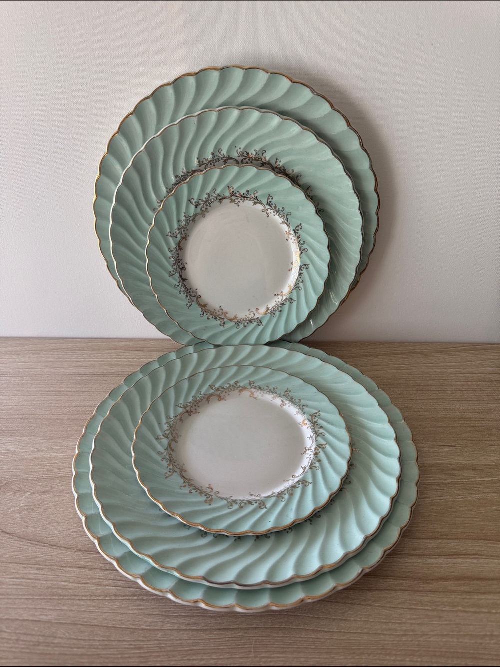 Vintage Mint Green Scalloped Plate Set for 2 Gold Trim James Kent Old Foley